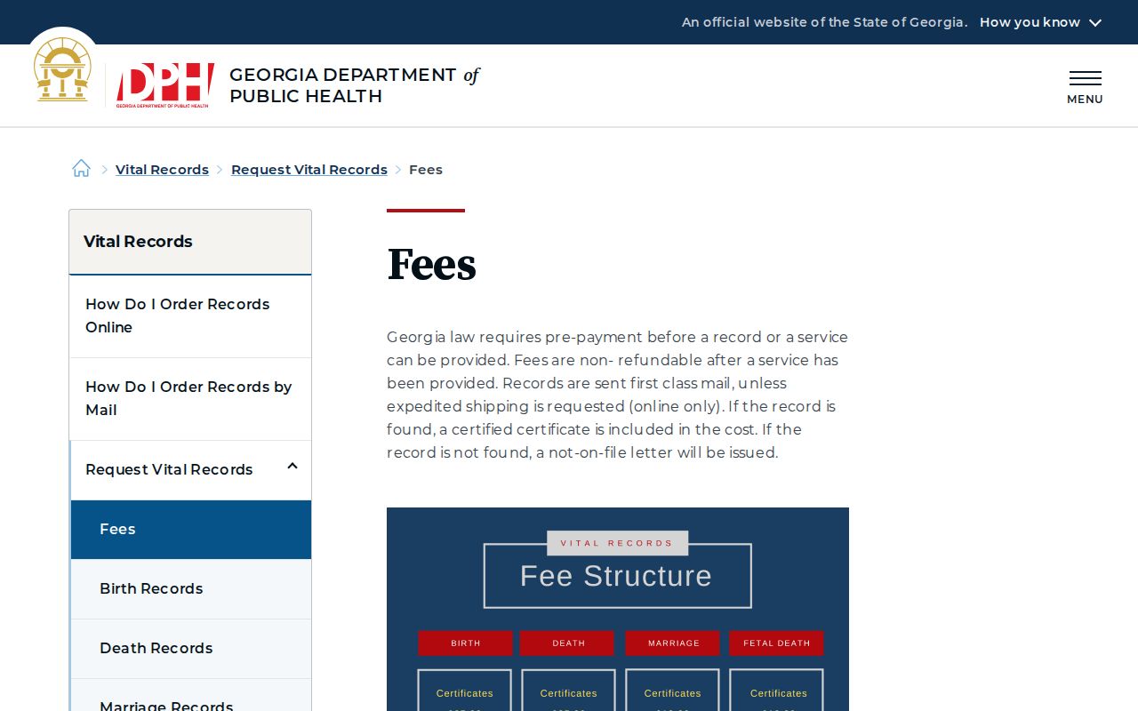 Georgia vital record fee page for official request costs