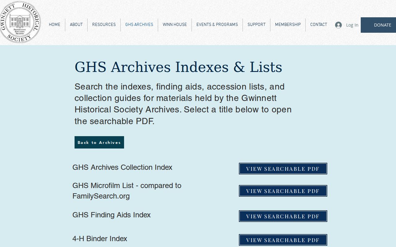 Historical archive indexes including the Rosebud Snellville Suwanee binder