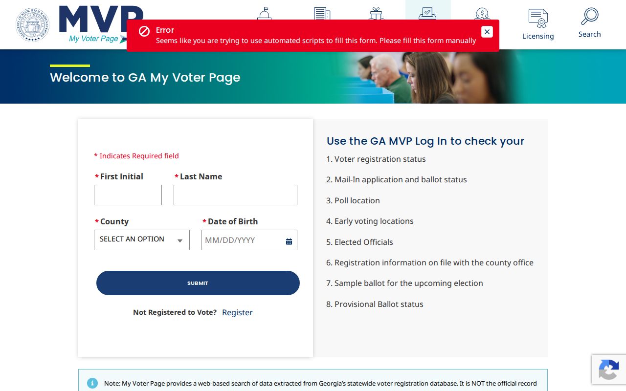 Georgia My Voter Page identity fields for a Snellville registration check