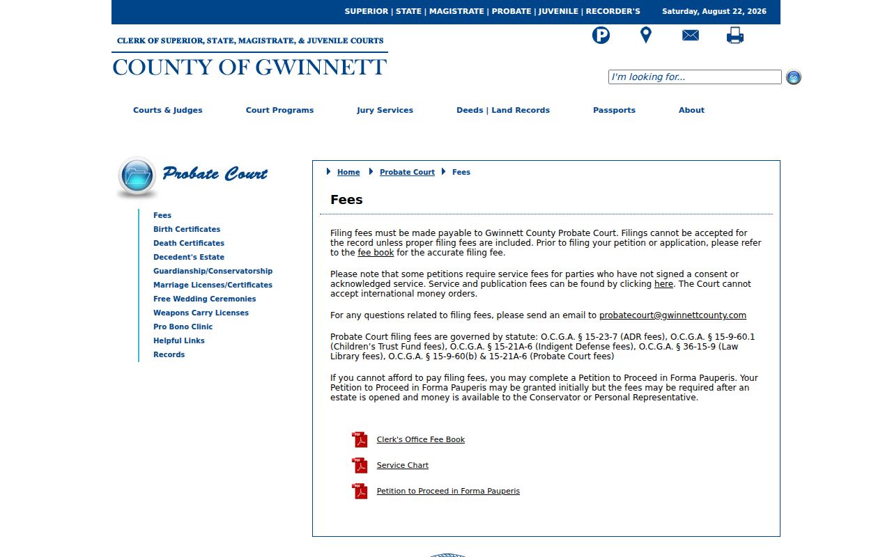 Gwinnett Probate Court fee page for estate record copies