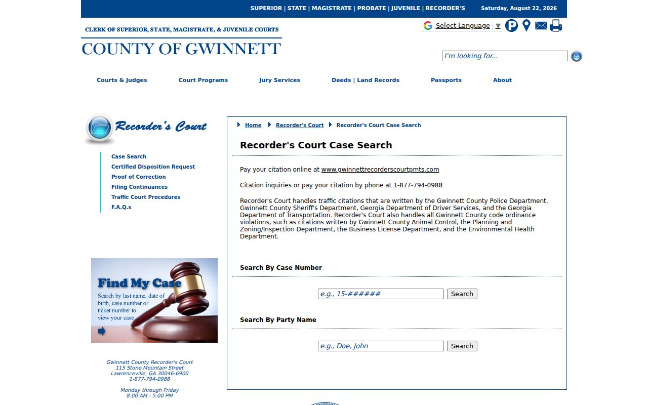 Gwinnett Recorder's Court case search for a Snellville resident lookup