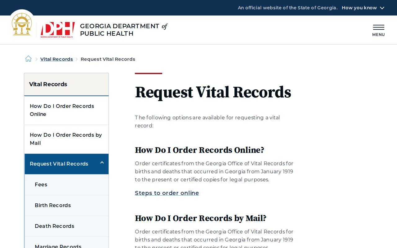 Georgia vital record request options for verifying a Snellville resident